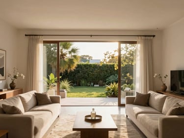 Bright modern interior of a living room in Pachuca, warm natural light, high-quality finishes, view towards a private garden