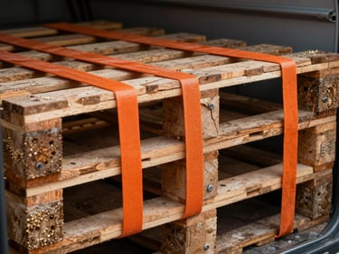 Close-up of heavy-duty tensioned orange cargo straps securing large industrial wooden pallets inside a transport vehicle, dramatic side lighting highlighting the weave of the straps.