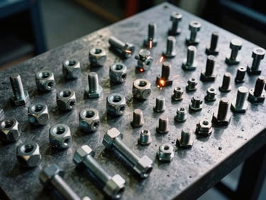 Industrial film photography of load-bearing structural fasteners and heavy bolts laid out on a steel workbench, dramatic side-lighting, sharp focus, 35mm.