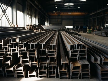 Industrial film photography of raw structural steel beams stacked in a clean warehouse, dramatic side-lighting, cool steel tones, 35mm
