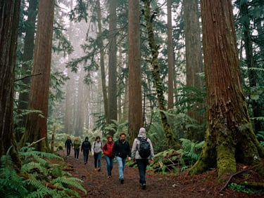 A small group walking slowly in a single line along a misty forest trail under giant hemlock trees