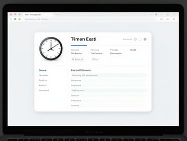 Minimalist mockup of a desktop screen showing a timed exam interface with a countdown clock and patient clinical history, sterile white light.