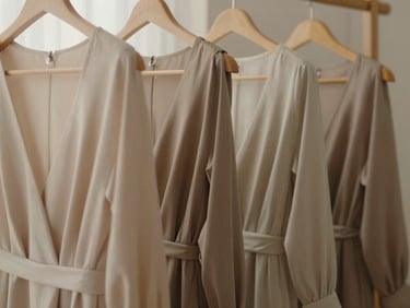 Close-up of elegant women's dresses hanging on a minimalist wooden rack, soft warm light illuminating fabric textures, 35mm photography
