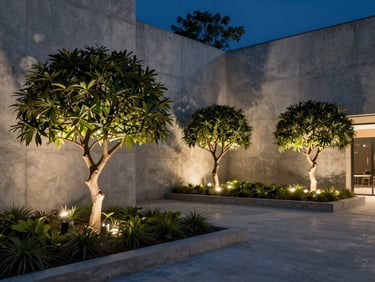 Landscaped courtyard at night, architectural concrete walls, sculptural trees lit from below by warm, concealed spotlights.
