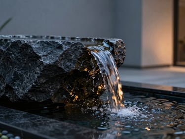 Close-up of a dark stone water feature in a minimalist garden, water trickling over textured basalt, warm accent light highlighting the water movement, twilight