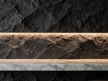 Interior architecture detail, dark textured stone wall, a recessed warm light strip illuminating a minimalist marble counter.
