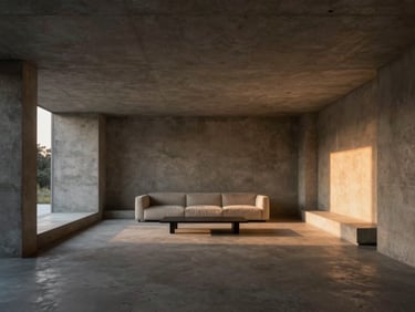 Wide symmetrical shot of a minimalist concrete living room at twilight, indirect warm lighting hidden behind architectural coves, casting long soft shadows
