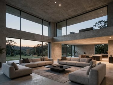 Wide cinematic shot of a minimalist concrete villa living room, large glass windows reflecting twilight, soft structural lighting.