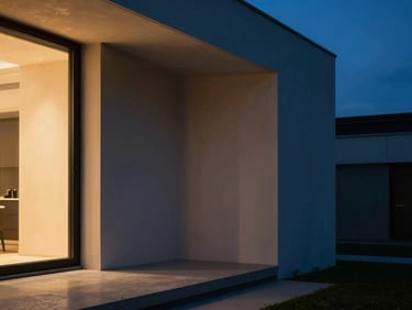 Clean architectural lines of a modern minimalist home interior at dusk, warm light glowing from a single window, deep blue hour shadows, high contrast.
