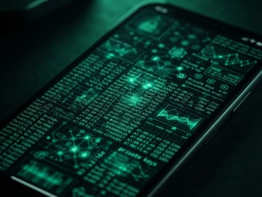 Dark editorial tech photography, close-up of a high-end mobile screen displaying complex cryptographic security keys, low-key dramatic emerald lighting.