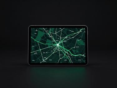 Minimalist dark workspace with a developer analyzing real-time logistics route maps on a high-resolution Android tablet, subtle green rim-lights.
