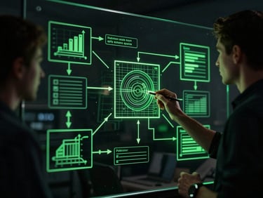 A developer collaborating over clean architectural diagrams on a glass board, dramatic low-key lighting with sharp green rim-lights, high contrast editorial tech photography