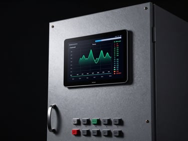 Close-up of a sleek aluminum industrial control panel next to an Android tablet displaying real-time telemetry graphs, dramatic high-contrast studio lighting.