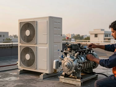 Large commercial package AC unit on a rooftop in Noida, golden hour daylight, technician hands visible inspecting the compressor housing, industrial setting