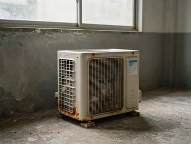 Wide environmental shot, natural daylight — old window AC unit sitting on a concrete floor in a storage room, unit label and rust-spotted casing visible, dust on the vents, no people; muted ambient light through a high window