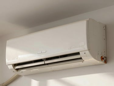 Close-up of a wall-mounted split AC indoor unit in a Noida apartment, natural daylight, peeling paint visible on the wall bracket, slightly rusted screws
