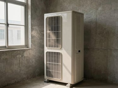 Tall tower AC unit standing in a corner of a bare concrete room, natural daylight from a side window, dust settled on the top vents, wire hanging loose