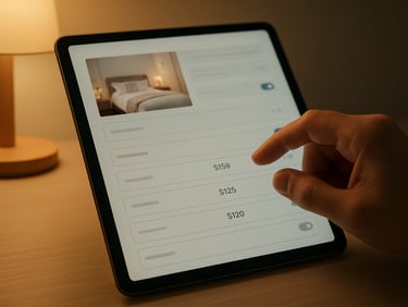 Close-up of a tablet screen showing a short-term rental listing being configured, a hand adjusting pricing settings, warm desk lamp light, clean minimal workspace surface visible beneath