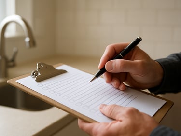 Close-up of a property manager's hands writing notes on an inspection checklist, natural window light, clipboard resting on a clean kitchen counter, detail of a faucet fixture visible in the soft background