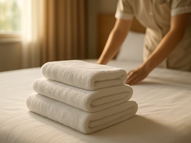 Close-up of freshly folded white towels arranged on a made bed, natural daylight from a nearby window, a housekeeper's hands visible smoothing the linen in the background, warm even lighting