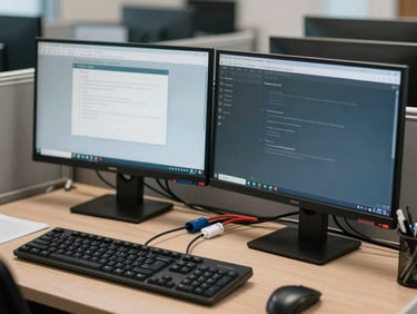 A perfectly organized corporate workspace with dual monitors, labeled cables neatly routed, ready for employee arrival on Monday morning.