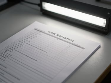 Overhead view of a work order document on a flat institutional desk, columns and checkboxes legible, fluorescent overhead light, no people