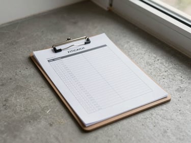 Overhead shot of a printed checklist with checkboxes on a clipboard placed on a concrete floor in an institutional maintenance area, natural daylight from a nearby window