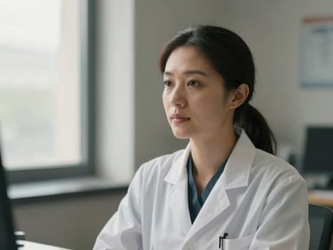 Dignified medium-close portrait of a female scientist in a modern academic office, soft natural window light, muted tones, 35mm