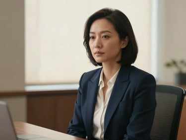Dignified medium-close portrait of a female executive in a warm ivory-toned boardroom, soft daylight, muted navy tones, 35mm