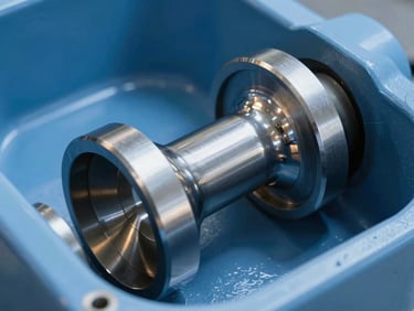 Gleaming steel marine engine crankshaft inside a vessel, cool metallic blue tones, sharp focus, 35mm