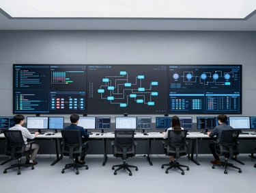 Wide-angle clean architectural shot of a modern network operations center with data visualization screens displaying system workflows.