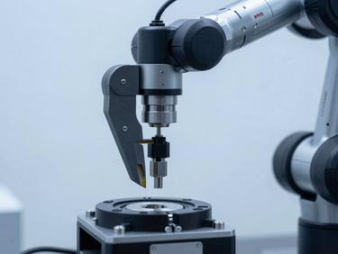 Macro technical photograph of a high-precision robotic sensor calibrating a mechanical component under diffused studio lighting.