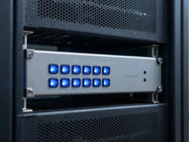 Close-up of a rugged industrial gateway controller mounted in a clean server rack, cool blue status lights reflecting on steel.