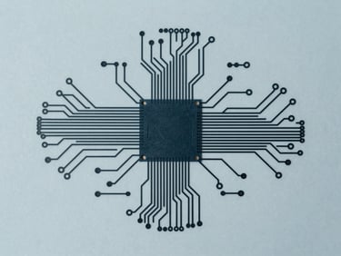 A high-contrast technical schematic of a circuit board layout, desaturated blue and charcoal tones, minimalist technical photography.