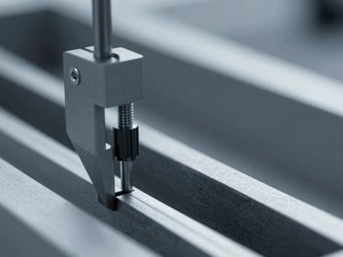Macro detail of high-precision industrial calibration equipment, architectural framing, desaturated cool gray tones.