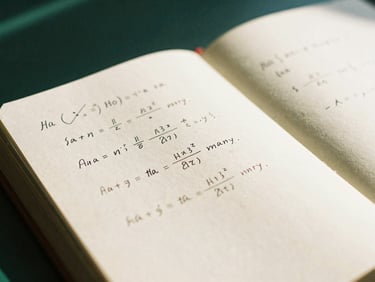 A close-up of handwritten mathematical proofs in a leather-bound journal, warm sunlight streaming across the page, shallow depth of field, 35mm photography