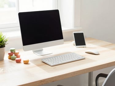 High-key editorial photograph of a bright, sunlit Des Moines office, clean wooden desk with organized devices, soft pastel macaron accents, warm natural daylight, 35mm.