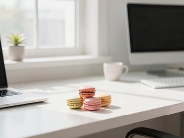 A bright, clean office workspace in Des Moines, soft natural daylight, pastel accents, 35mm