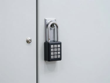 Crisp close-up of a secure electronic keypad lock on a clean steel storage unit door, bright clinical lighting, sharp focus.