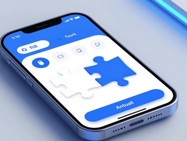High-fidelity Android mockup of an educational app, showing a clean interactive puzzle interface with vibrant electric blue accents