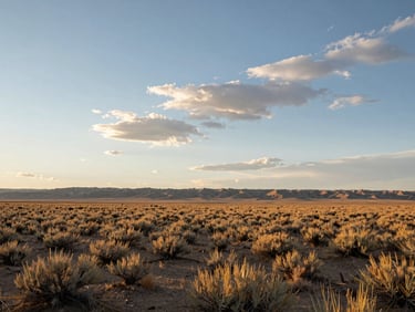 Wide environmental shot of the high-desert Wyoming landscape at golden hour, low horizon, expansive sky with soft clouds, sagebrush in the foreground.