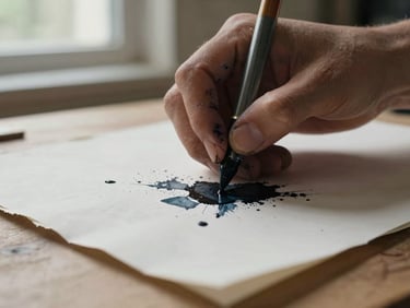 Macro close-up of ink-stained hands working on heavy deckled-edge paper, soft natural light from a side window, raw textures.