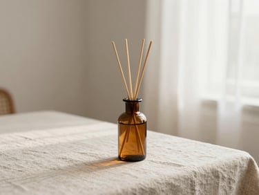 Minimalist product photography, elegant amber glass diffuser bottle with wooden reeds on a linen tablecloth, soft morning window light, warm neutral tones, shallow depth of field, 35mm