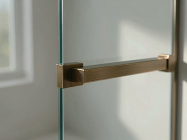 Close-up of a custom bathroom glass partition with brushed-bronze hardware, flawless mitred edges, bright natural daylight highlighting the glass thickness.