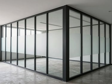 Wide-angle view of structural office glass partitions with matte black metal profiles, clean lines, diffused daylight, showing precise hardware integration.
