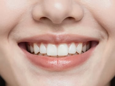 Macro photograph of a serene, natural smile, soft lighting, focus on healthy lips and teeth, warm dusty rose color accents.