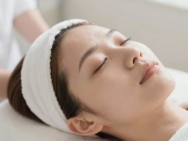 Delicate skin care application, aesthetic facial treatment, soft focus, warm diffused daylight