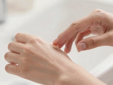 Close-up of glowing skin, gentle hands applying a soft serum, warm diffused daylight, shallow depth of field