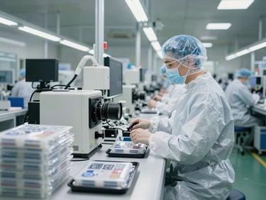 Wide factory floor view of medical device assembly line, workers in sterile gowns at workstations under bright cleanroom lighting, packaged device trays visible in foreground
