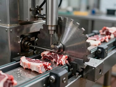 Close-up of meat processing machinery cutting blades and conveyor components in a stainless steel production environment, factory overhead lighting, food-grade surface detail visible